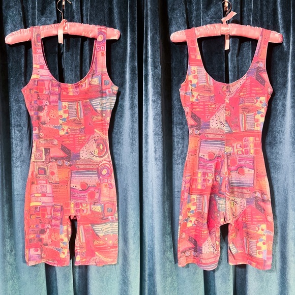 Vintage Other - 90s retro pattern pink stretchy workout costume Jazzercise onesie bodysuit